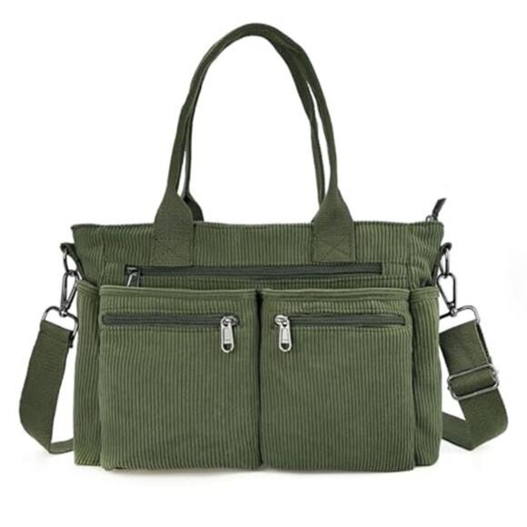 Green Womens Casual Corduroy Tote Bags with Multiple Pockets Hobo Crossbody Bag